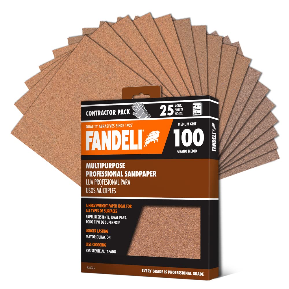 Fandeli   Multi-Purpose Sandpaper   100 Grit   25 Sheets of 23 x 28 cm   Ideal for Sanding Metal, Untreated Wood and Painted Surfaces