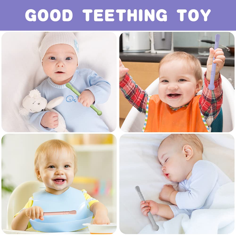 Vicloon Teething Toys for Baby, 4PCS Baby Silicone Teether Tubes with 4 Cleaning Brush, Teether Sensory Toys Gum Massager, Baby Teething Toy Infant Chew Straw Toy - Oblate