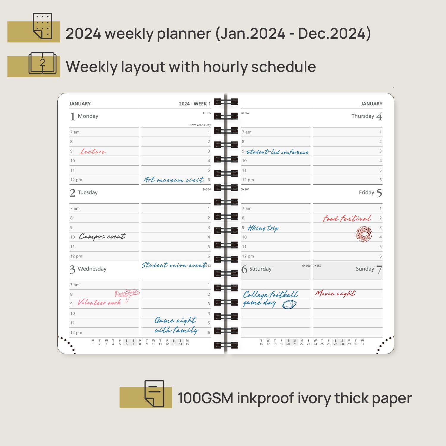 POPRUN 2024 Pocket Diary Week to View A6 Small Diary 16 x 10.5 cm Appointment 24 Weekly Work Planner Dotted Note Page, Spiral Hardcover, 100GSM FSC® Paper - Pacific Green