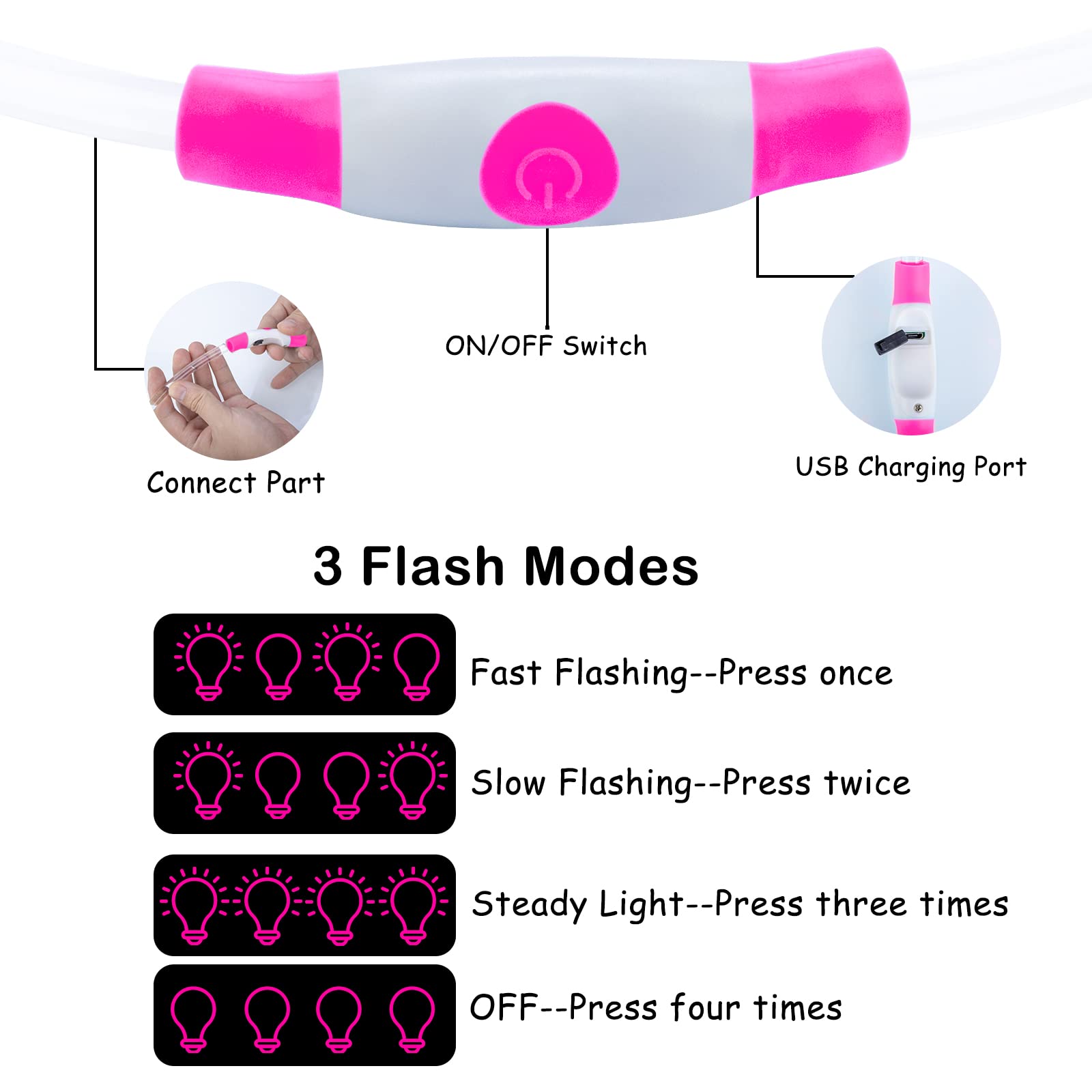 SONNIG LED Light Up Dog Collar USB Rechargeable, Adjustable and Waterproof Luminous Dog Collar with 3 Light Modes, Safe to Small, Medium and Large Dogs for the Dark, Pink