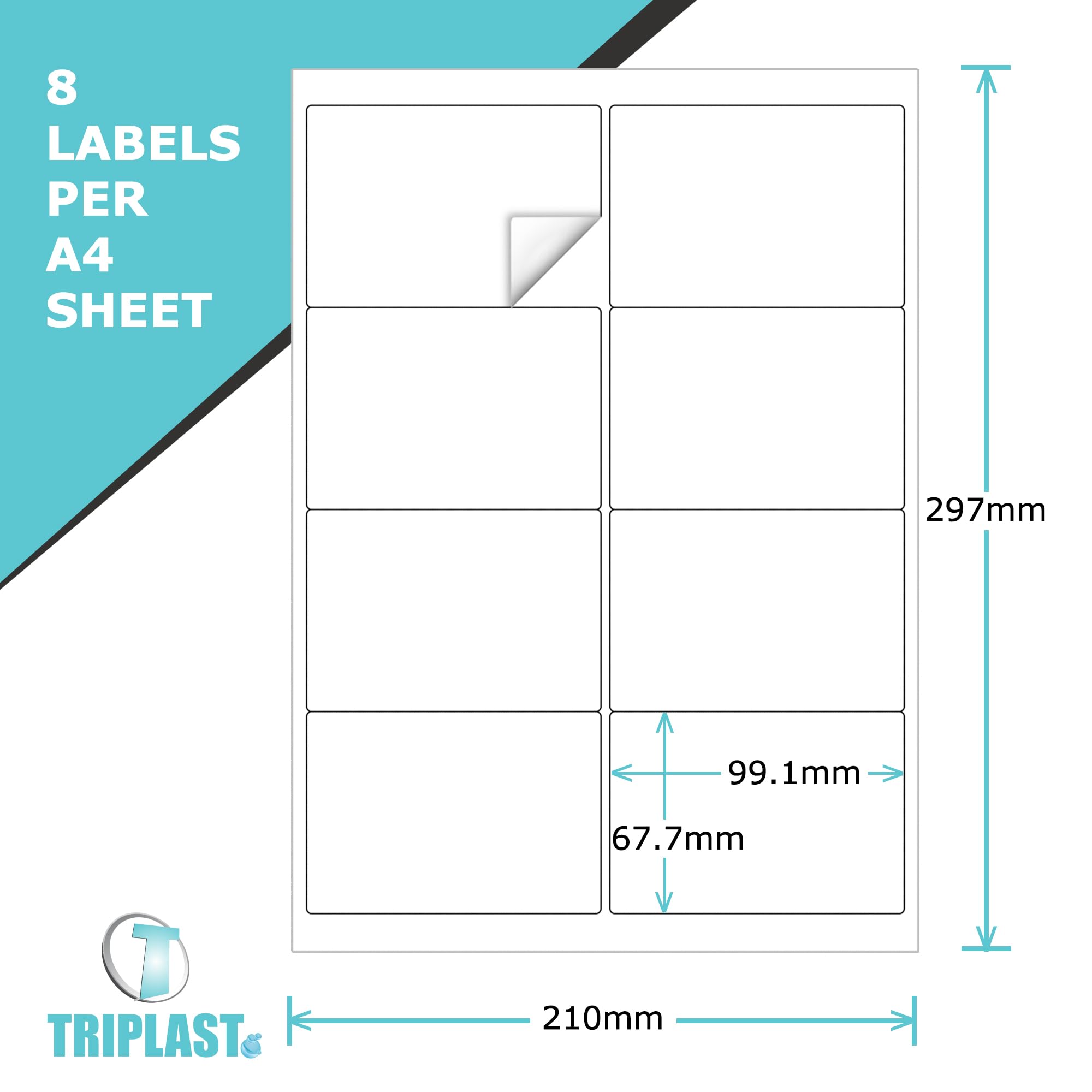 Triplast 10 x Multipurpose A4 Label Sheets - 8 Labels Per Sheet (99 x 68mm Each) - Easy Peel White Labels for Inkjet & Laser Printer - Address Labels, Shipping Labels, File Labels, DIY Stickers