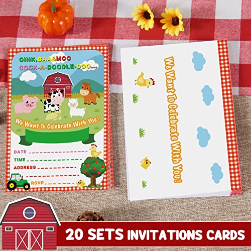 WERNNSAI Farm Party Invitations with Envelopes - 20 Count Farm Animals with Barnyard Tractor Invite Cards for Kids Boys Birthday Baby Shower Farm Themed Party Supplies