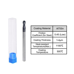 sourcing map Ball Nose End Mill 2mm Tip Radius Solid Carbide AlTiSin Coated CNC Router Bits 2 Flute Spiral Milling Cutter HRC45 with 4mm Shank 75mm (3-inch) Length