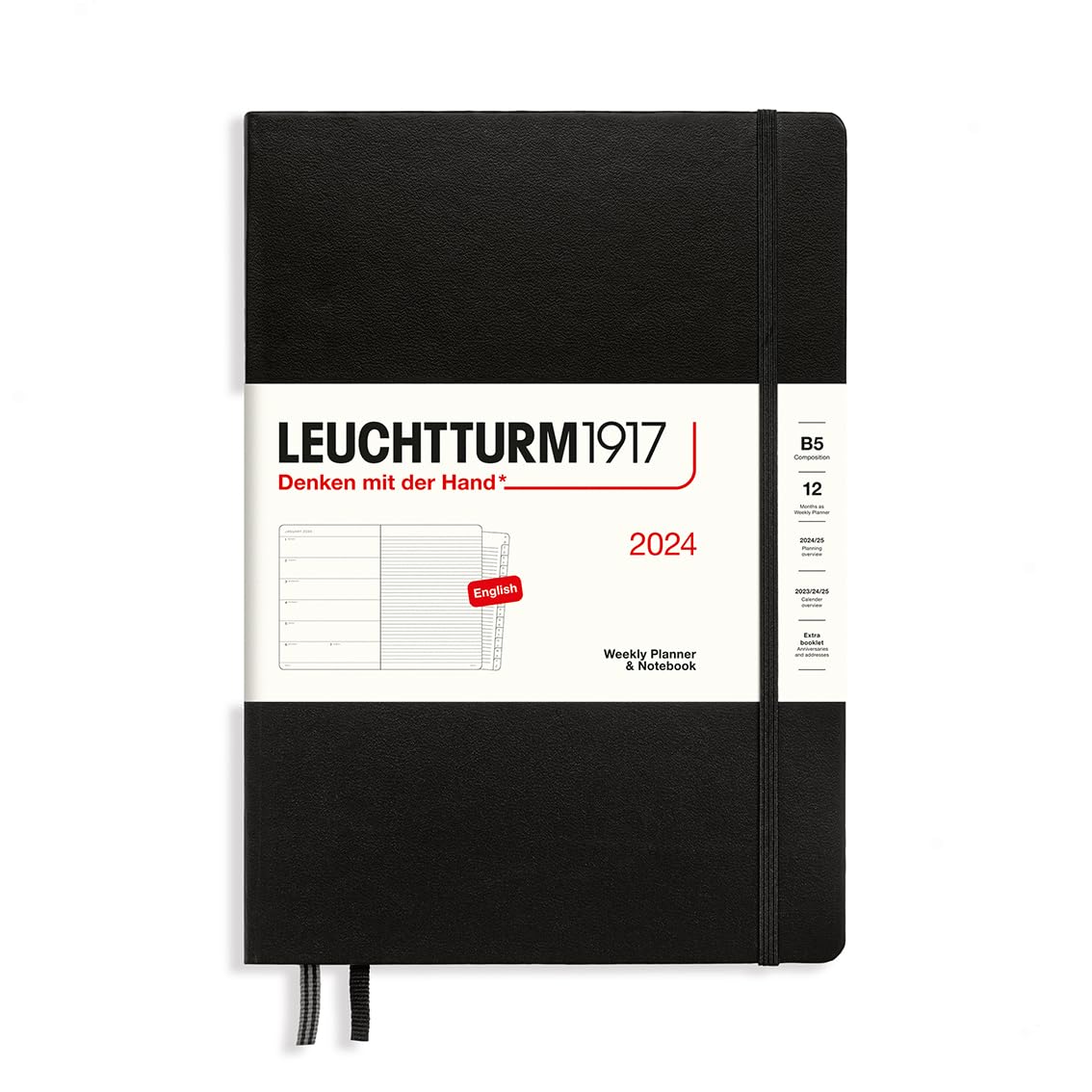 LEUCHTTURM1917 367764 Weekly Planner & Notebook Composition (B5) 2024, with booklet, Black, English