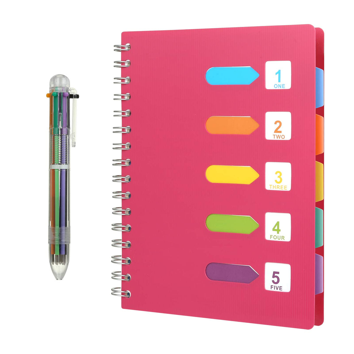 Kesote Lined Notebook with Multicolor Pen, Subject Notebook 120 Pages A5 Journal with 5 Colored Tab& 6-in-1 Retractable Ballpoint Color Pen - Rose Pink