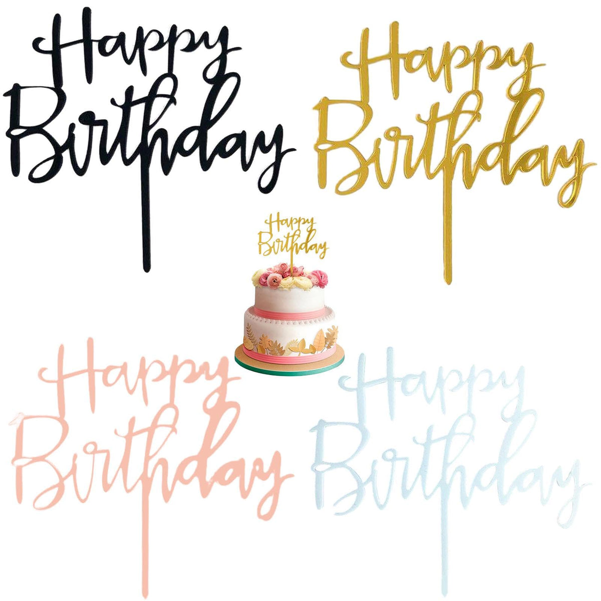 4 Pieces Happy Birthday Cake Topper, Cake Decoration Supplies Cake Topper, Birthday Cake Toppers for Man Boys Women Girls Gold Theme Birthday Party Decor(Multicolor)