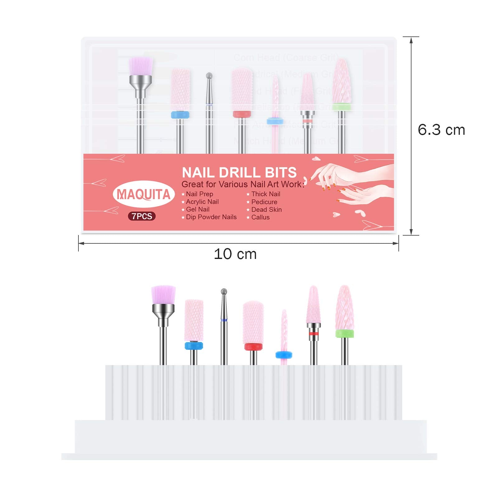 MAQUITA 7 Pieces Ceramic Nail Drill Bits Professional Remove Gel Acrylic Cuticle Diamond Tungsten Carbide Nail Drill Tools for Manicure Pedicure Home Use Great Gift (Pink)