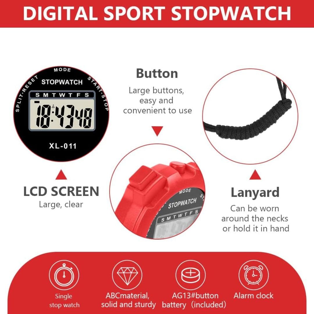 Stopwatches, Digital Sports Stop watch, referee kit, Handheld stopwatch Split Lap Timer, Neck Stopwatch, Shockproof Waterproof Stopwatch with LCD Display for Coaches Swimming Running Training (Red)