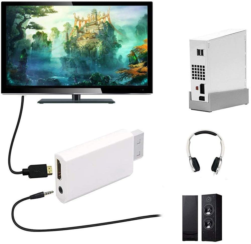 GoldOars Wii to HDMI Adapter with 1.5m HDMI Cable, Wii to HDMI Converter, Wii Adapter to HDMI Supports All Wii Display Modes(White)