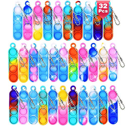 Ainiv 32 PCS Mini Fidget Pop Bubble Toys, Strip Squeeze Toys with Keyring, Poppet Bubble Sensory Toys, Stress Anxiety Relief Toys Desk Toy Wrap for ADHD, Autism, for School Kids Office Adult