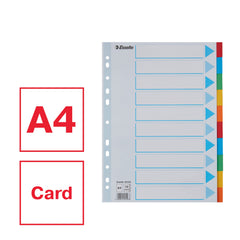 Esselte A4 Card File Dividers. 10 Parts Coloured Folder Dividers with identification front sheet, for Ring Binders and Lever Arch Files. Made from durable, recycled card