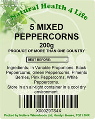 Natural Health 4 Life Spices Mixed Whole Peppercorns Five Pepper (Black, White, Green, Pink and Allspice) 200 g in Bag (1 Bag)