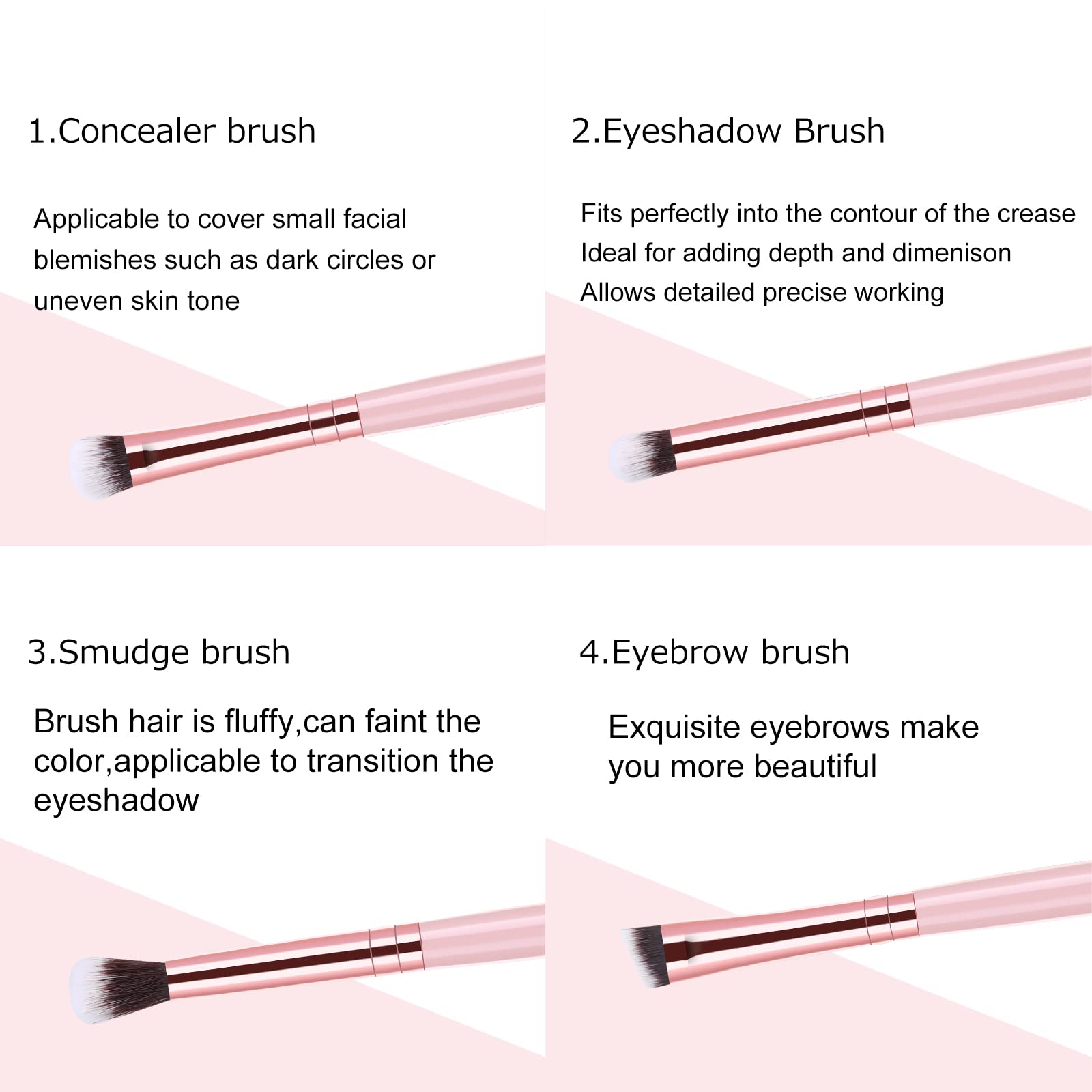 MSQ 4pcs Pink Eye Shadow Makeup Brush Set Pro Eye Contour Kit with Soft Synthetic Hairs for Eyeshadow Eyebrow Makeup Cream Powder Highlighter Brush