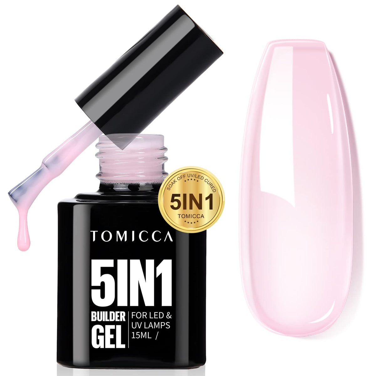 TOMICCA 5 in 1 Builder Nail Gel- 15ML Builder Base Strengthening Light Pink Nail Gel for Hard Strong Nails Tips & Extensions, UV Nail Gel Polish for Nails Repair,Nail Art Decoration Easy to Shape