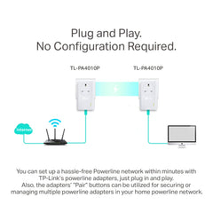 TP-Link TL-PA4010PKIT Passthrough Powerline Adapter Starter Kit, No Configuration Required, UK Plug, Pack of 2