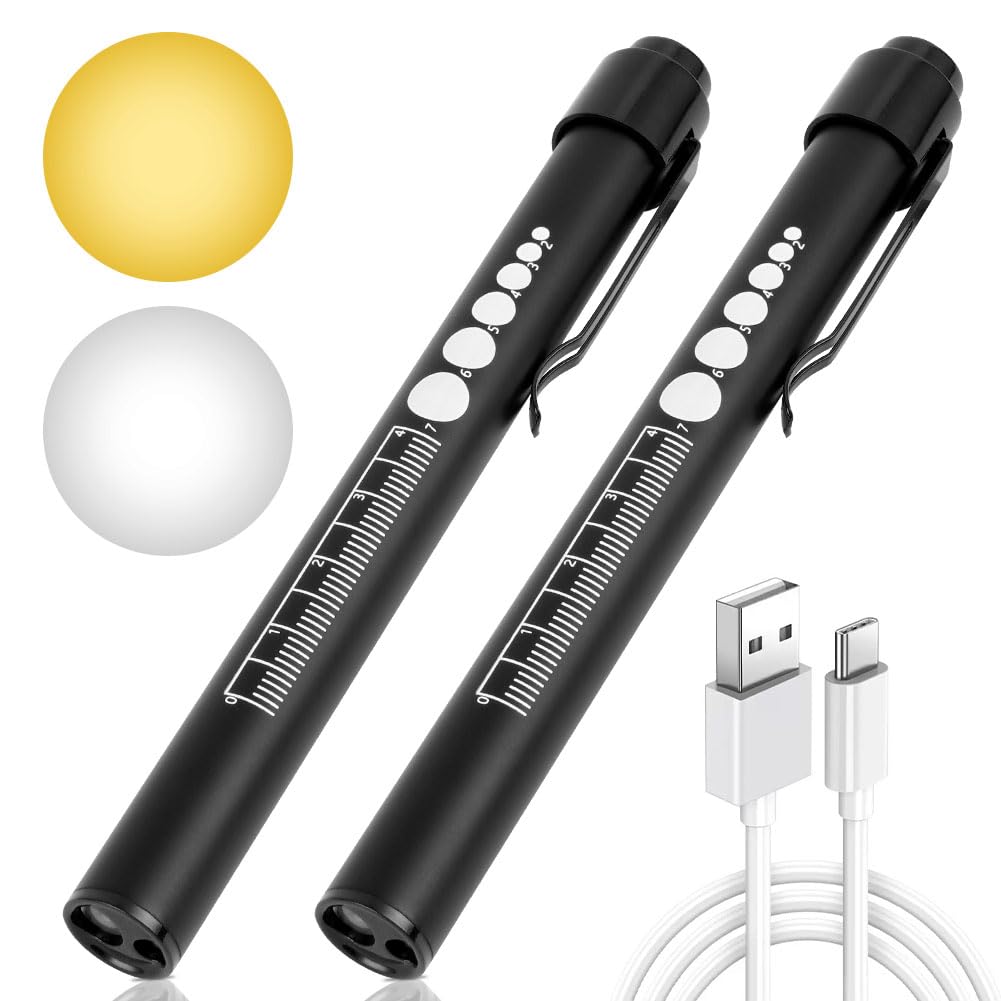 Flintronic 2 Pack Diagnostic Medical Penlight, Rechargeable LED Pen Torch with Pupil Gauge & Clip, First Aid Pupil Gauge Doctors Nurses Medical Pen Light Medical Equipment (With Type-C Charging Cable)