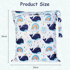 Vicloon Wet Bag, 14 x 11 Inch Baby Cloth Nappy Wet Bags, Nappy Bags with Double Zipper Pockets, Waterproof Reusable Washable Cloth Diaper Bags for Babies Swimming Camping Travel Gym Beach - Whale