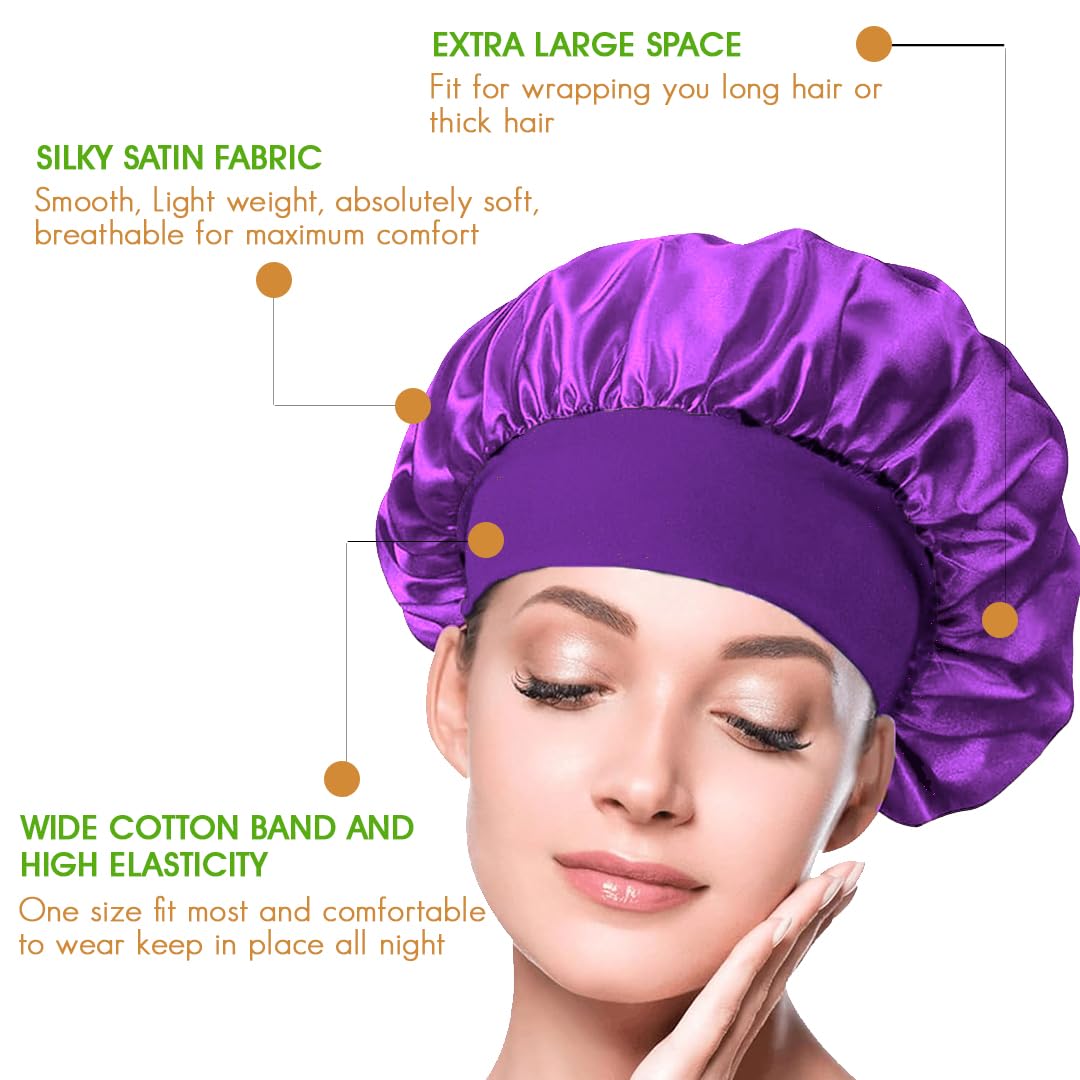 BIZBUY 3 Pack Satin Bonnet, Hair Bonnet for Sleeping, Night Hair Sleeping Caps with Wide Elastic Band, Silk Bonnet is Suitable for Long and Curly Hair