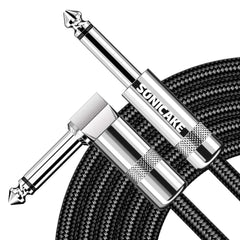 SONICAKE Braided Guitar Cable 6m/20ft Guitar Instrument Cable 6.35mm 1/4 inches Right Angle to Straight Black