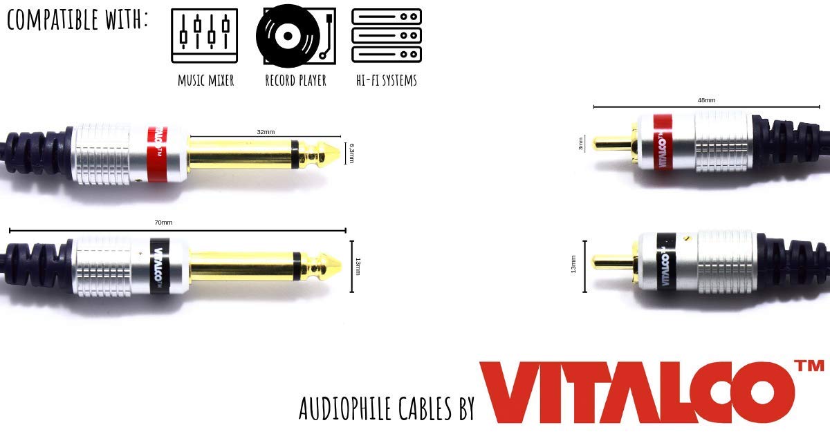 Cable 2RCA Male To 2x Jack 6.35mm 1/4 Inch Mono 1.5m VITALCO Audio TS 6.35 to 2 RCA Phono OFC Cables