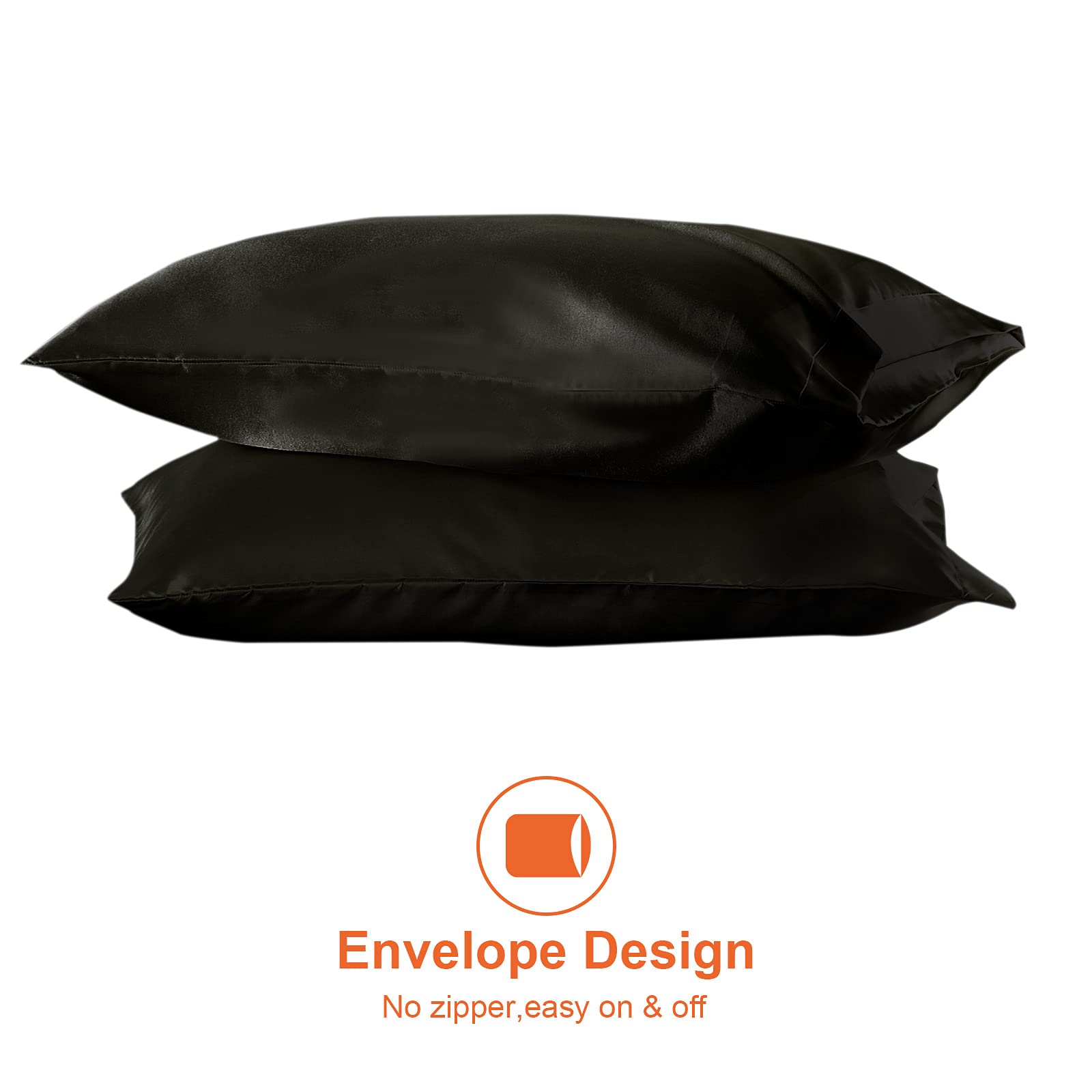 EHEYCIGA Satin Pillow Cases 4 Pack Black, Silky Pillowcases for hair and skin with Envelope Closure, Standard Size, 50x75 cm