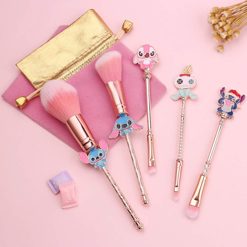 5Pcs Stitch Makeup Brush Set,Stitch Theme Cosmetic Brushes for Powder Eyeshadow Blushes Lips Portable Makeup Brush Set Lovely Stitch Gift for Girl Women