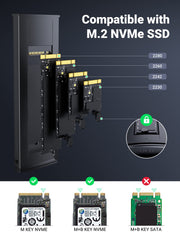 UGREEN M.2 NVMe SSD Enclosure, Tool-Free NVMe Enclosure, 10Gbps M2 SSD Enclosure with USB 3.2 Gen2, Aluminum NVMe to USB Adapter Supports M and B&M Keys and Size in 2230/2242 /2260/2280 SSDs