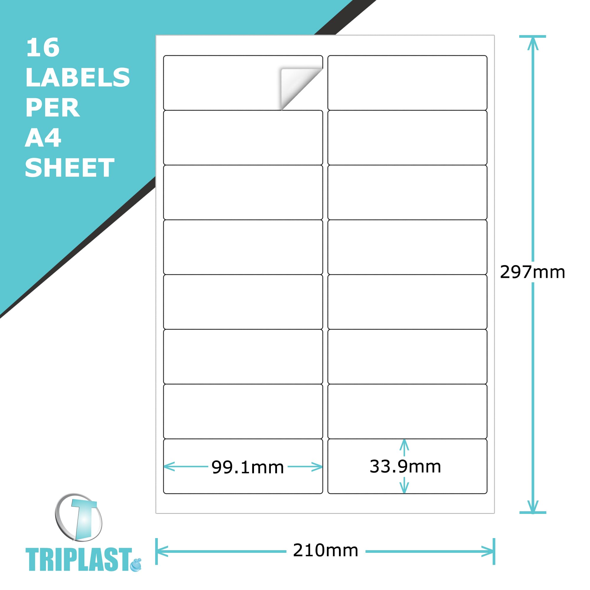 Triplast 10 x Multipurpose A4 Label Sheets - 16 Labels Per Sheet (99 x 34mm Each) - Easy Peel White Labels for Inkjet & Laser Printer - Address Labels, Shipping Labels, File Labels, DIY Stickers