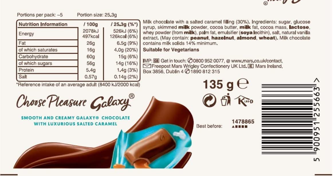 Galaxy Salted Caramel Chocolate Bar, Chocolate Gifts, Milk Chocolate, 135 g