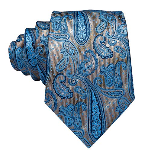 Dubulle Mens Silk Ties Extra Long Blue and Brown Paisley Set Neckties Pocket Square Cufflinks Wedding Party