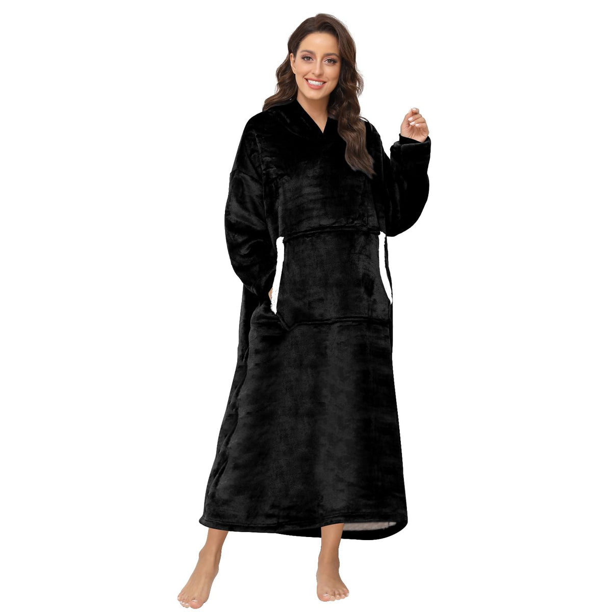 Sendowtek Women's Hoodie Blanket Black Onesized Wearable Long oodie Blanket (Black-3.9ft)