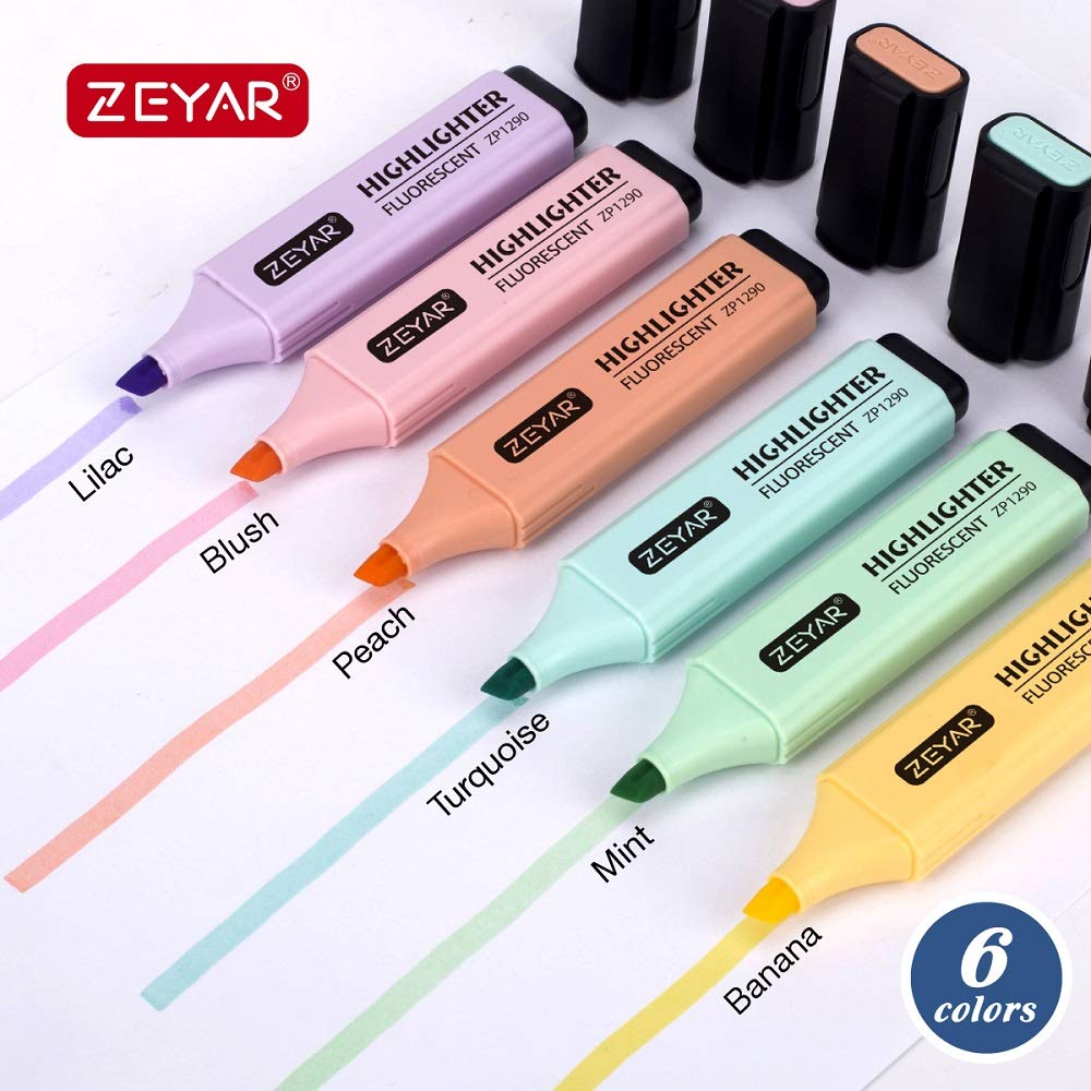 ZEYAR Highlighter pastel colors, Chisel Tip Marker Pen, Assorted Colors, Water Based, Quick Dry (6 Macaron Colors)