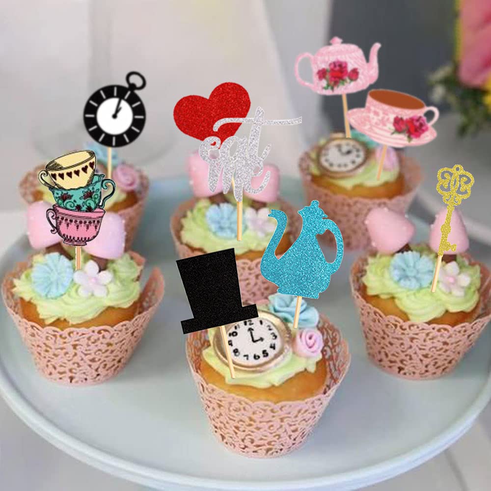 JeVenis Alice In Wonderland Theme Cupcake Topper Tea Party Cupcake Picks Lets Tea Cake Decoration Tea Party Supplies Alice In Wonderland Party Supplies