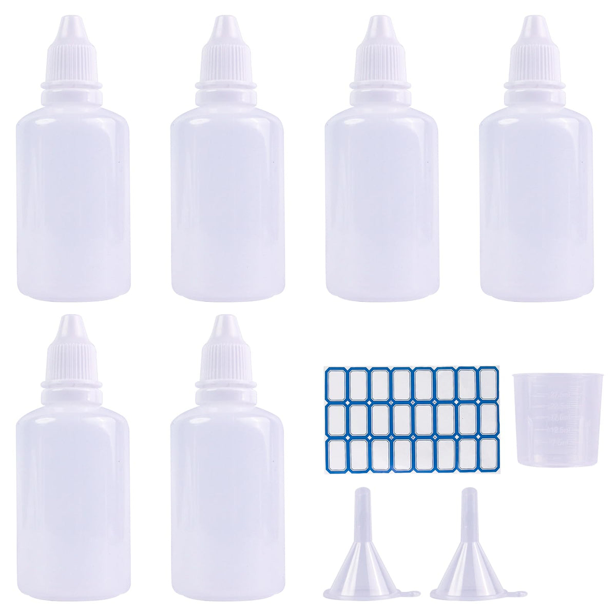 BOKFJBP 6 Pack 50ml Plastic Dropper Bottle, Plastic Empty Squeezable Eye Dropper Bottles Small Squeeze Bottle Eye Liquid Dropper Bottle with Label Funnel Measuring Cup (50ML)