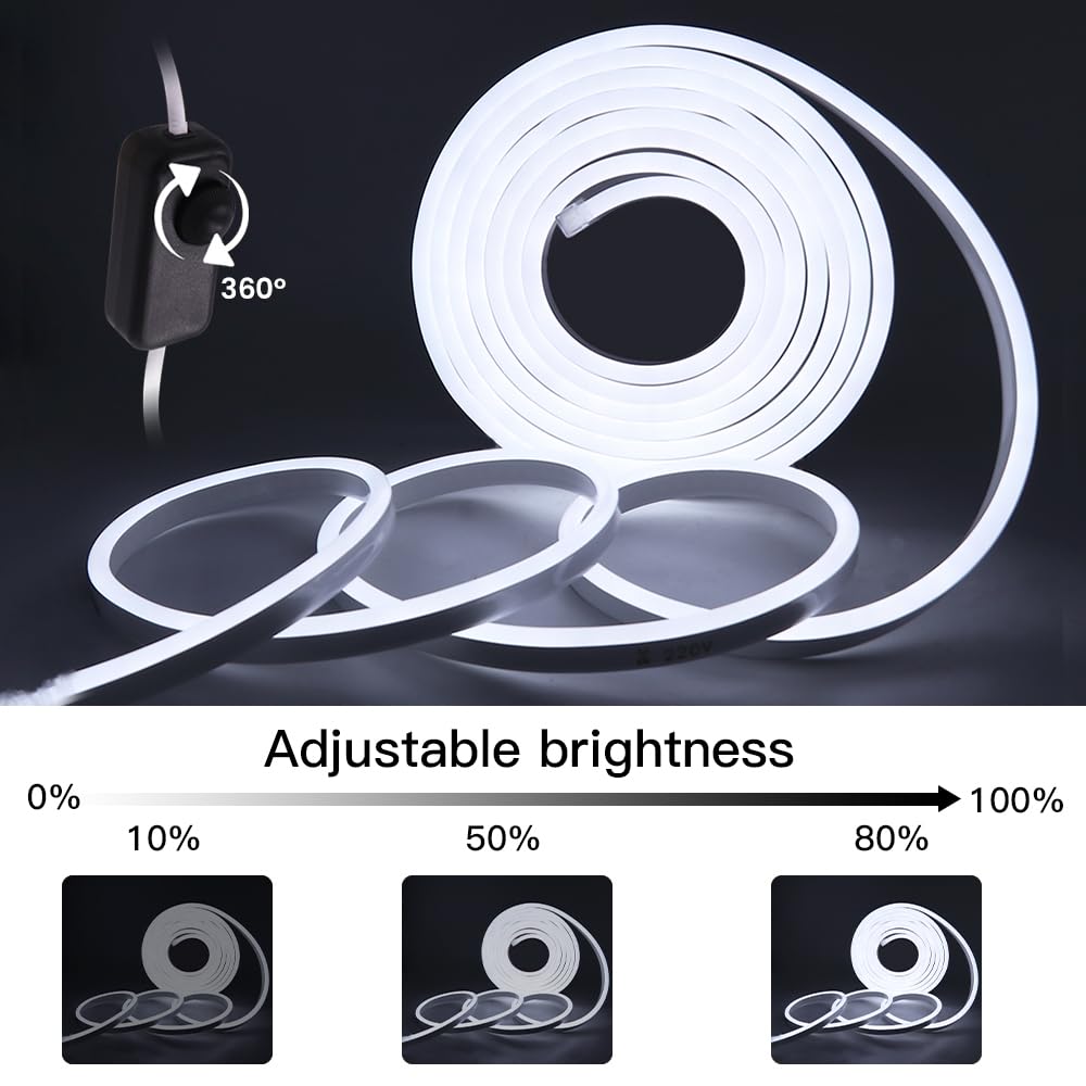 Wisada 220-240V Flexible LED Light Strip with 360° Dimmer Power Supply, 2835 SMD IP65 Waterproof LED Neon Rope Light, Suitable for Bedroom, Room, Outdoor Decoration [White 6000K, 1M]