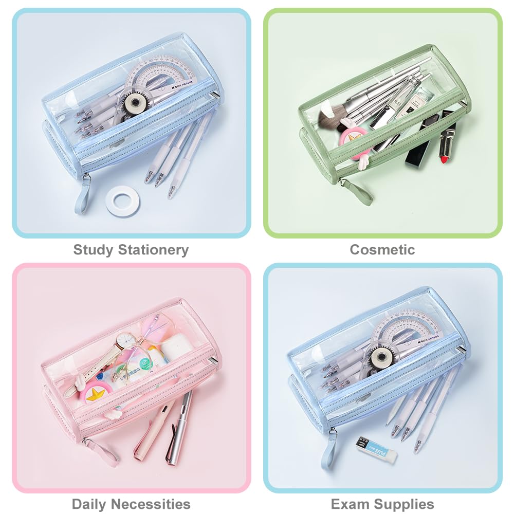 hoinya Clear Pencil Case, Exam Pencil Case Bag Transparent Pencil Case Waterproof PVC Zippered Toiletries Storage Pouch, Travel Luggage Pouch Make up Cosmetic Bag, Pink