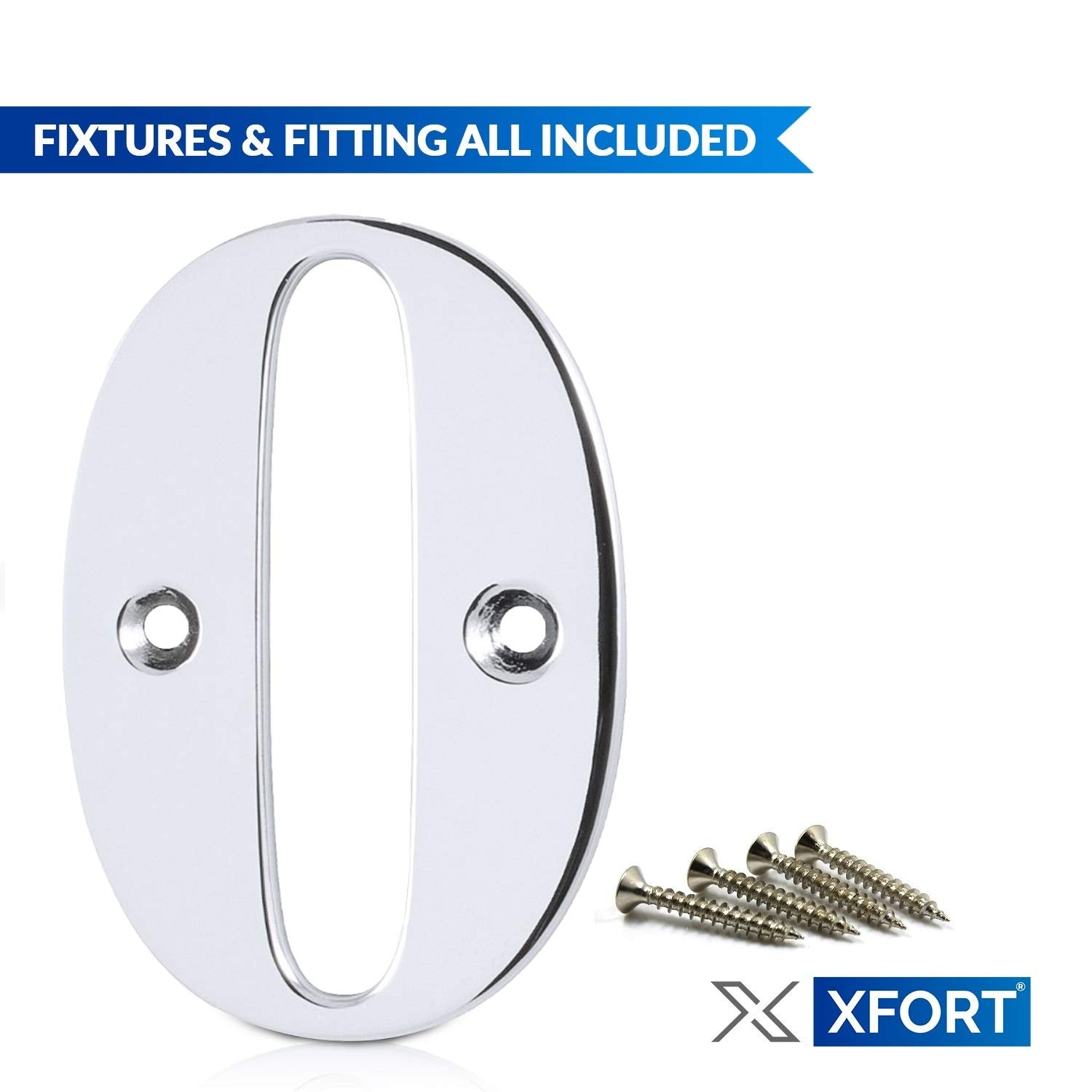 XFORT® 3 Inch Screw Fix Front Door Number, Number 0, Elegant and Bold Door Numerals in a Beautiful Polished Chrome Mirror Finish, Suitable for All Door Types Including Wooden, uPVC, and Composite.