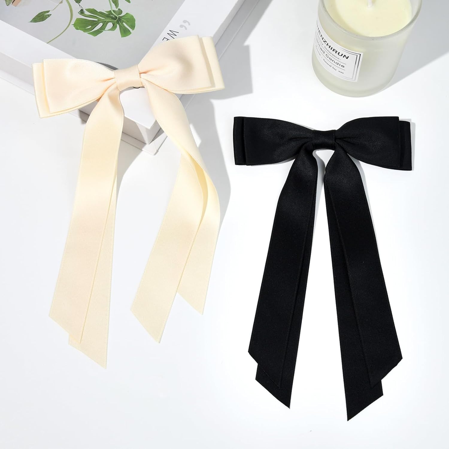 2PCS Silky Satin Hair Bows Hair Clip Black Hair Ribbon Ponytail Holder Accessories Slides Metal Clips Hair Bow for Women Girls Toddlers Teens Kids (BeigeandPink)