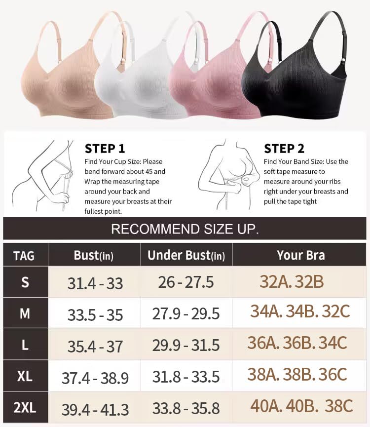 WOWENY Wireless Bras for Women Padded Seamless Bra Push up Ribbed Ladies Comfort Bralettes with Adjustable Straps and Removable Pads for Everyday Wear Black M