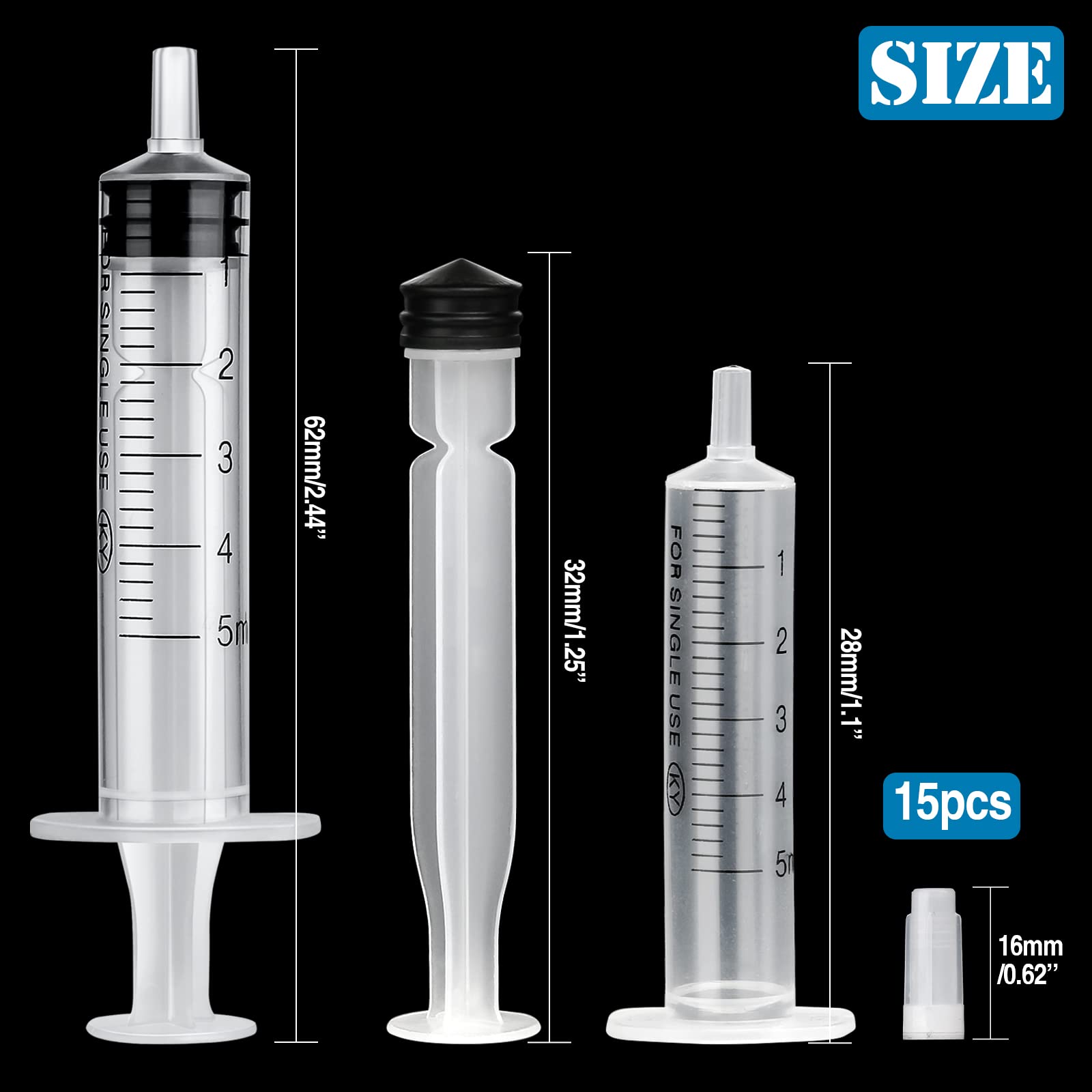 15 Pack 5ml Syringes, Small Dosing Syringe for Measuring,Individually Packaged Sterile Syringes,Plastic Syringes with Cap for Labs,Pets Feeding, Oil or Glue