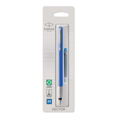 Parker Vector Fountain Pen   Blue with Chrome Trim   Medium Nib   Blue Ink   Hangtab