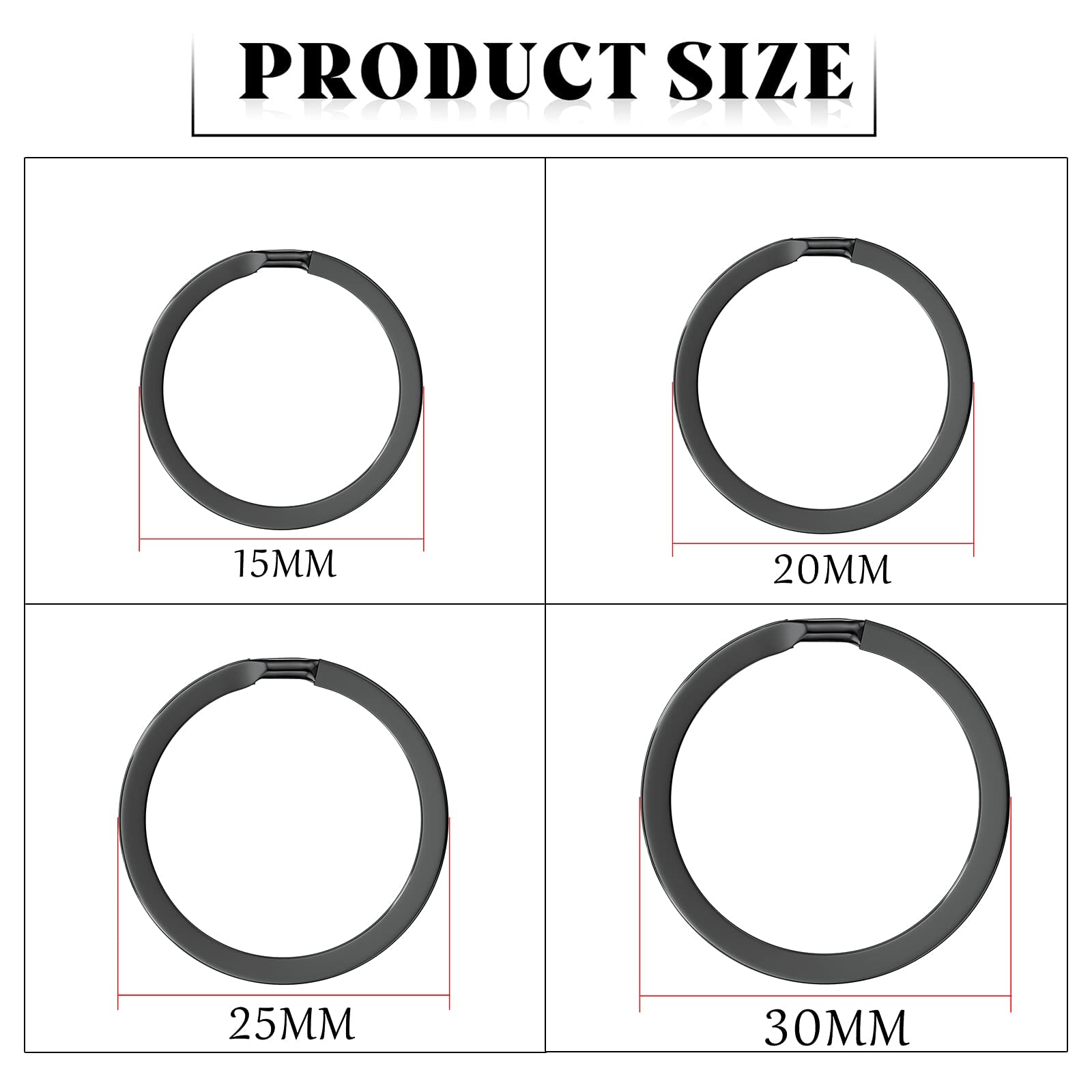 Ruesious Black Flat Round Key Rings (40 Pack) (15/20/25/30mm),Keyring Split Ring,Key Chain Ring Connectors,Keychain,Keyring Loops