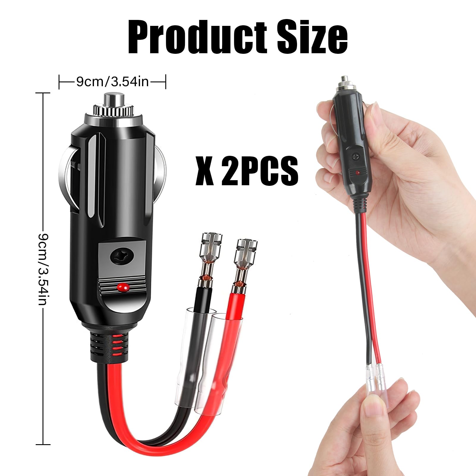 2 Pack Car Cigarette Lighter Male Plug 12V/24V Female Socket Extension Cable with Leads LED Lighter Adapter Heavy Duty Power Supply Cord Waterproof 10A Fuse for Car Vehicle Motorcycle Tractor Boats