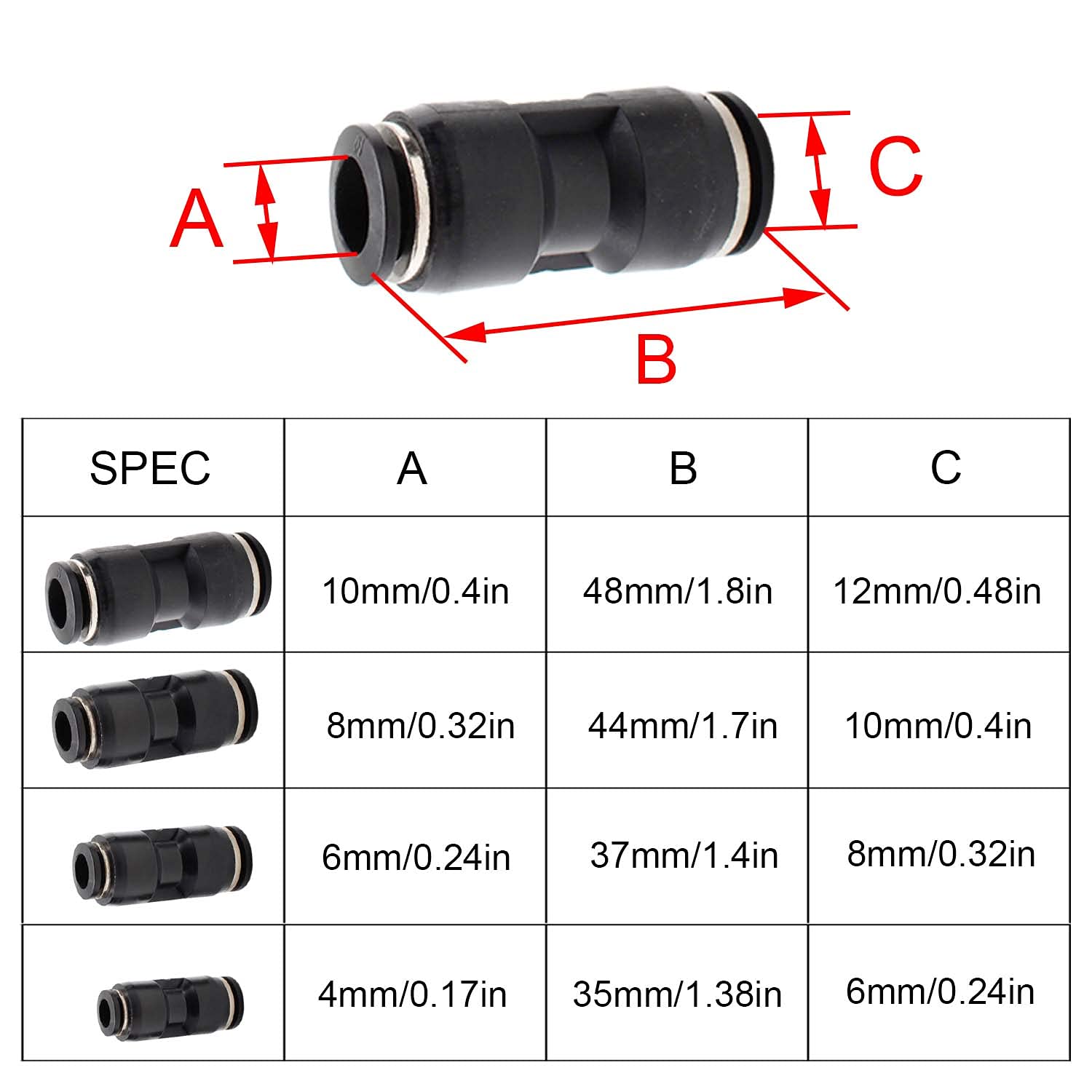 SRJQXH 12 Pcs Pneumatic Quick Fittings, PG6-4/ PG8-6/ PG10-8/ PG12-10 Plastic Straight Union Connect, Black Push to Connect Fittings, Suitable for Trachea and Automation Equipment