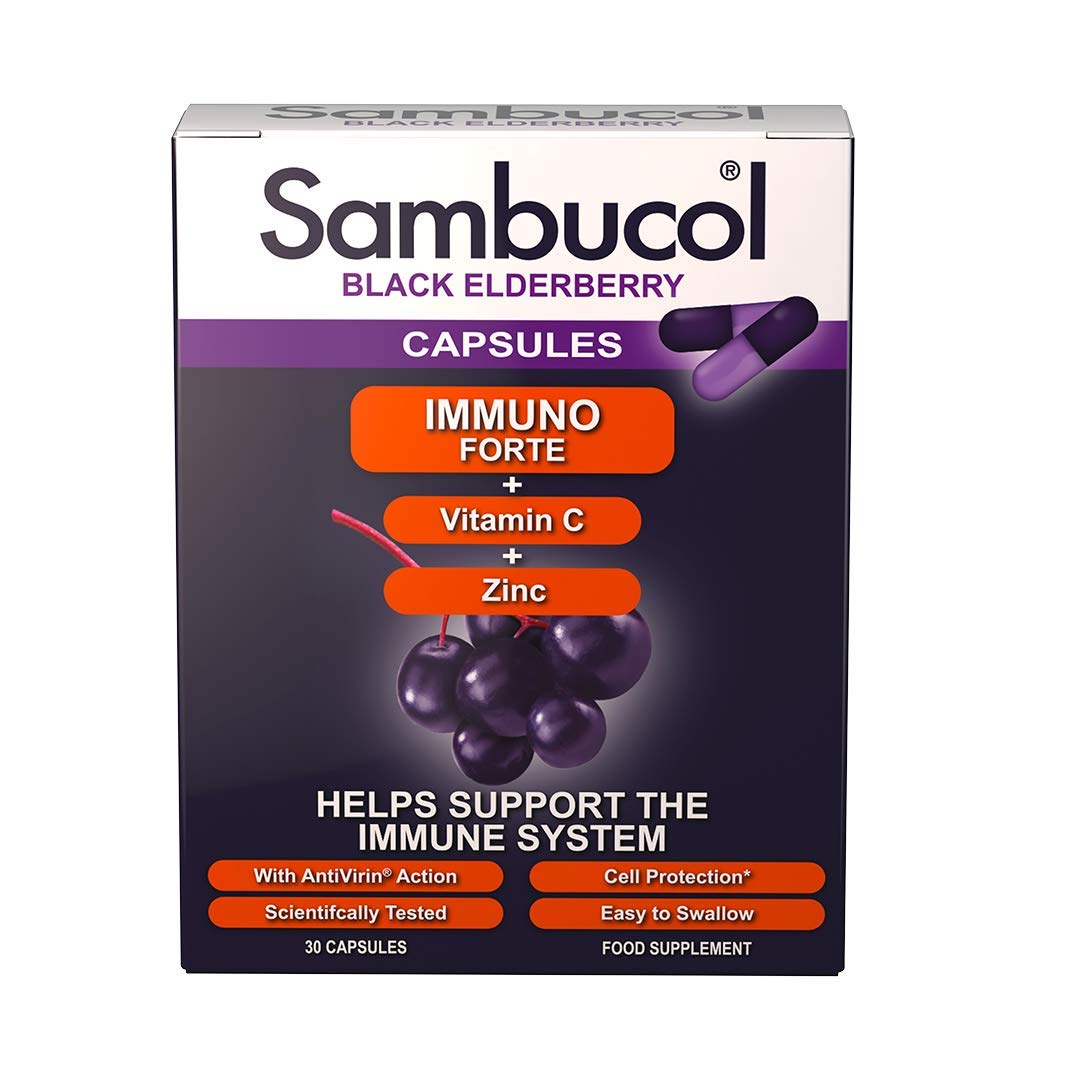 Sambucol Natural Black Elderberry Immuno Forte Capsules   Vitamin C   Zinc   Immune Support Supplement   30 Capsules