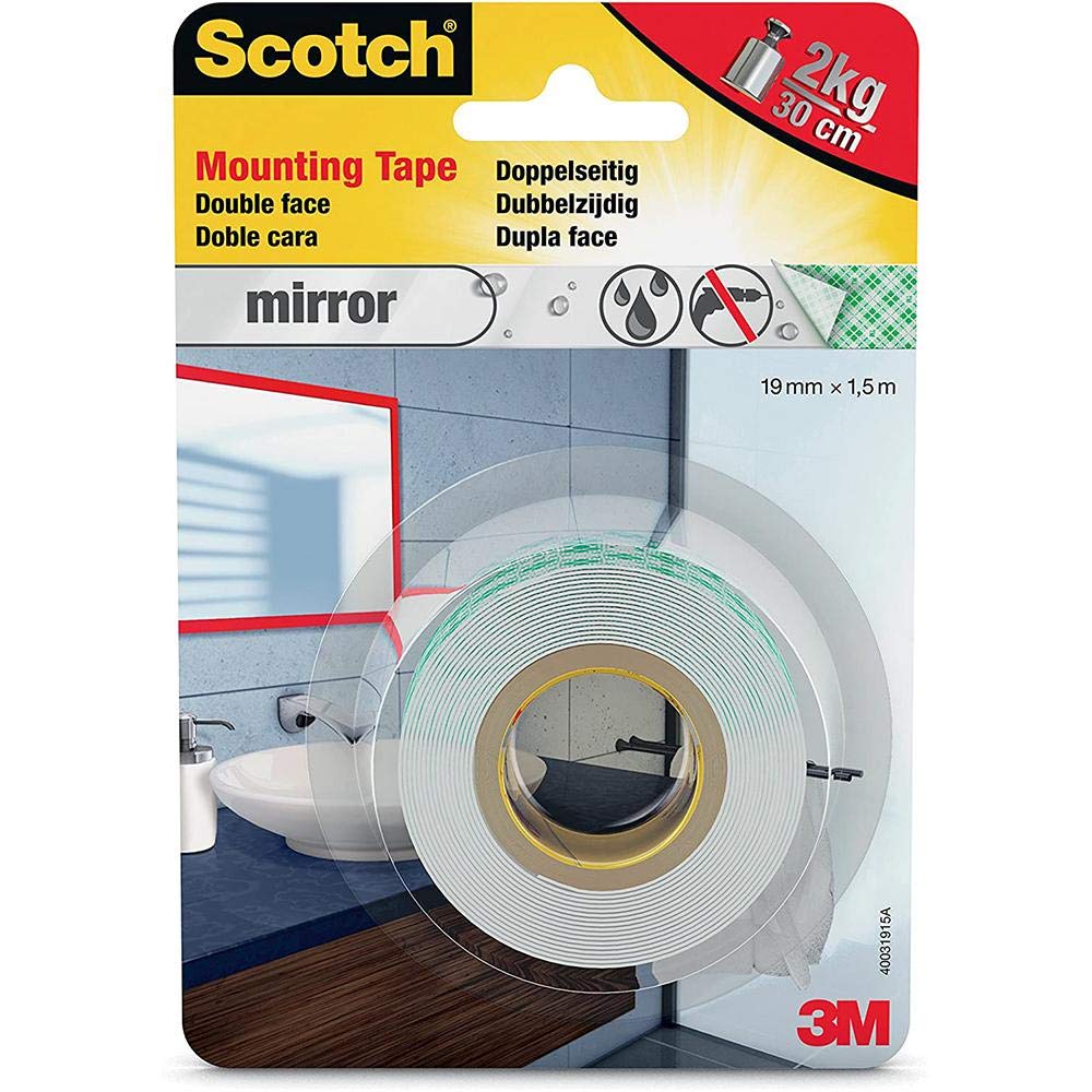 Scotch-Fix Mirror Mounting Tape 4496W-1915-P, 19mm x 1,5m, 1 roll/pack (Packaging May Vary), White