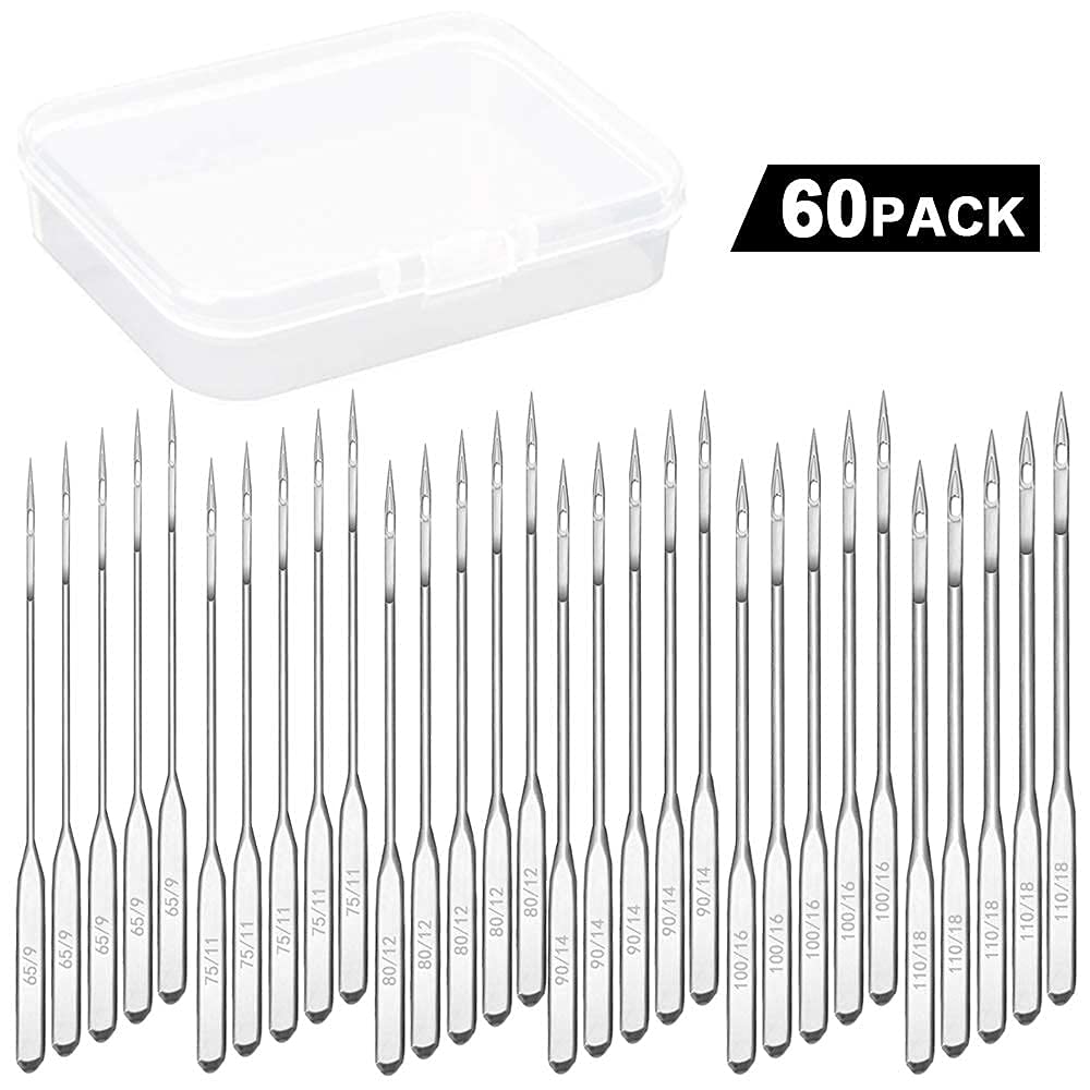 60 Pcs Sewing Machine Needles Assorted Size 65/9, 75/11, 80/12, 90/14, 100/16, 110/18 Anvin Universal Machine Needles Heavy Duty for Singer, Brother, Janome, Varmax Home Sewing Machines