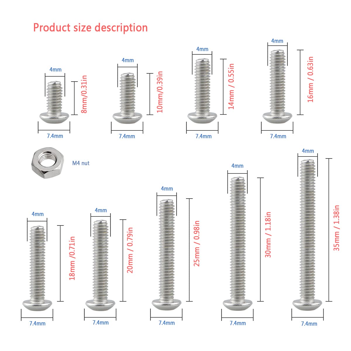 Bolts And Nuts Set, Hex Head M4 Stainless Steel Machine Screws And Round Head Hexagon Socket Bolts Assortment(8/10/14/16/18/20/25/30/35mm) (M4, Silver)