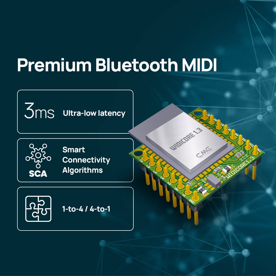 CME WIDI Core - Smart (BLE) breakout board that implements premium MIDI over Bluetooth Low Energy as developed by CME with onboard PCB antenna and populated pin header