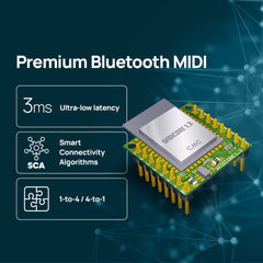 CME WIDI Core - Smart (BLE) breakout board that implements premium MIDI over Bluetooth Low Energy as developed by CME with onboard PCB antenna and populated pin header